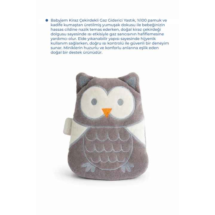 Babyjem Kiraz Çekirdekli Baykuş Kadife Rahatlatıcı Gaz Kemeri & Gaz Yastığı - Gri