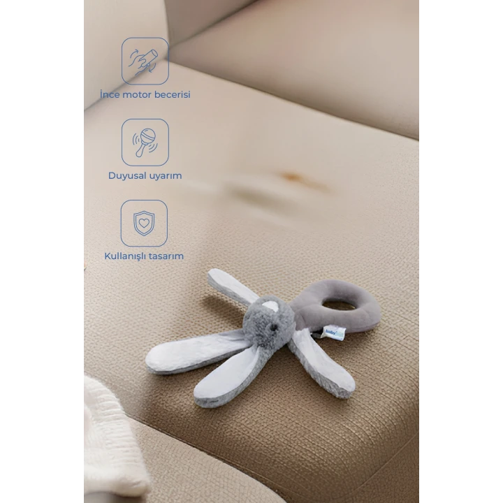 Babyjem Tutmalı Çıngıraklı Mini Peluş Tavşan Gri 842