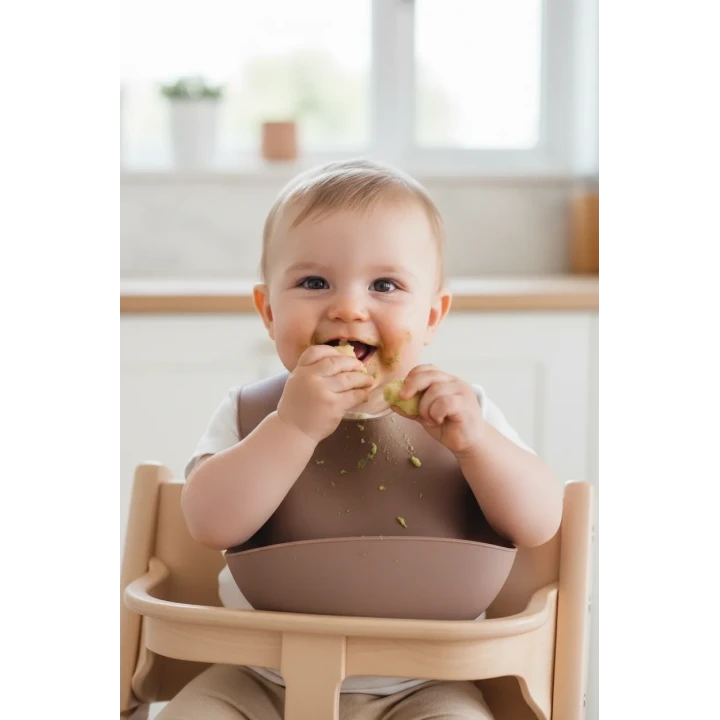 Babyjem Oval Hazneli Silikon Mama Önlüğü Latte