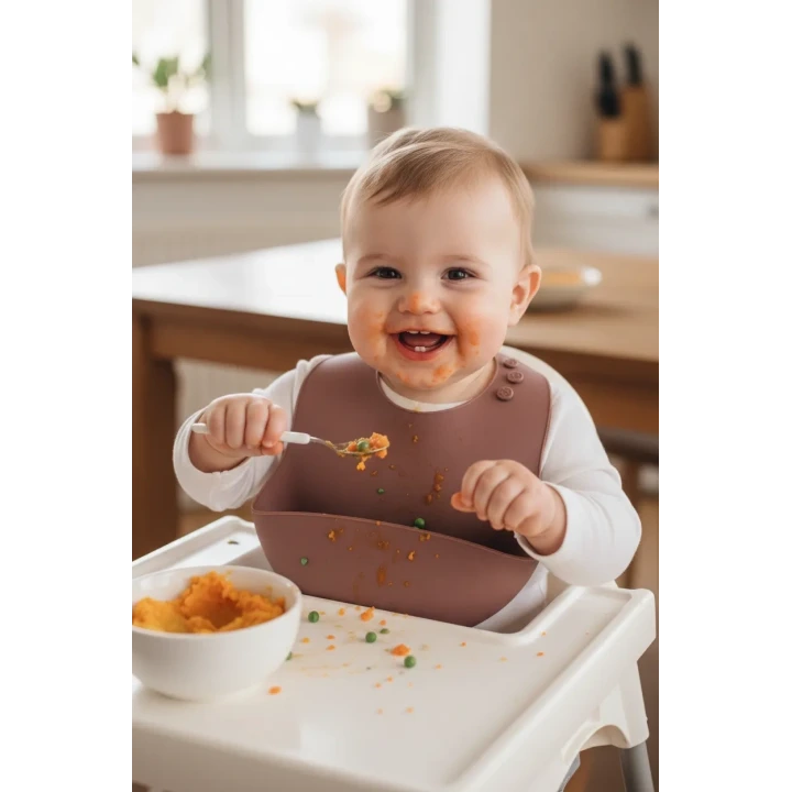 Babyjem Oval Hazneli Silikon Mama Önlüğü Mocha