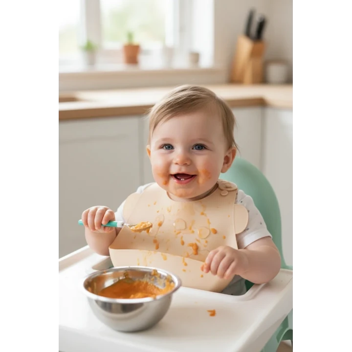 Babyjem Oval Hazneli Silikon Mama Önlüğü Ekru