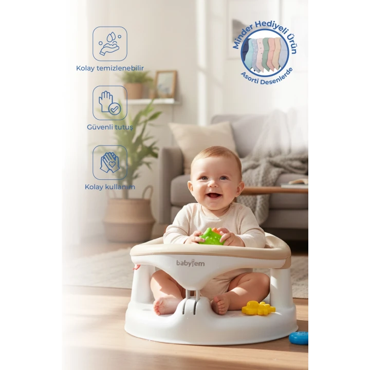 Babyjem Yandan Açılır Banyo ve Mama Oturağı & Hediye Minderli 2li Set Taş
