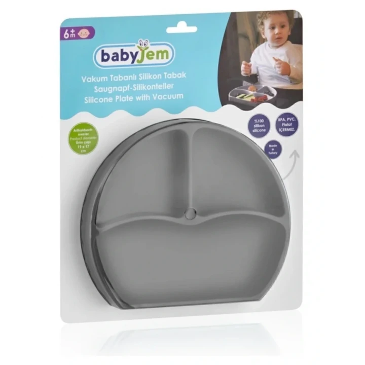 Babyjem Vakum Tabanlı Sabitlenebilir Silikon Tabak Gri