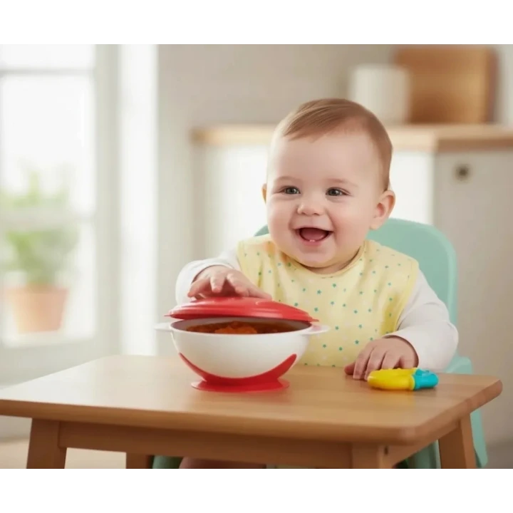 Babyjem Vakumlu Sabitlenebilir Kapaklı Mama Beslenme Tabağı Kırmızı (BPA İçermez)