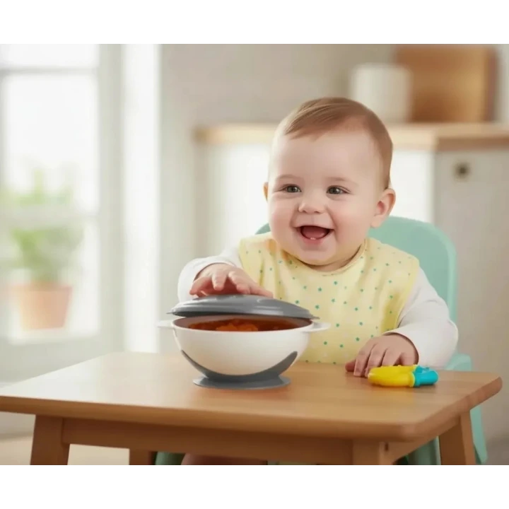 Babyjem Vakumlu Sabitlenebilir Kapaklı Mama Beslenme Tabağı Gri (BPA İçermez)