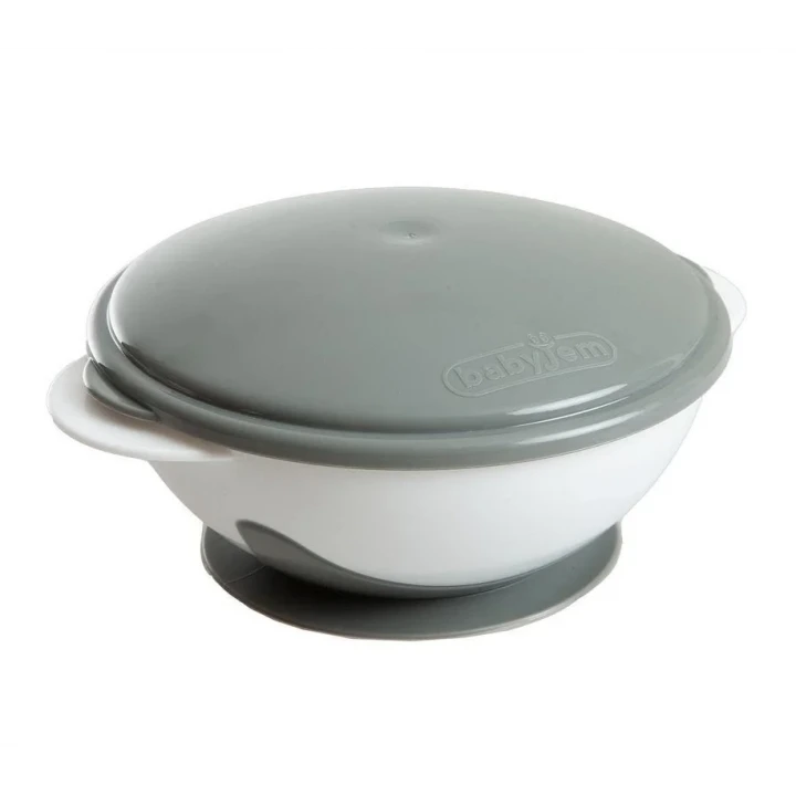 Babyjem Vakumlu Sabitlenebilir Kapaklı Mama Beslenme Tabağı Gri (BPA İçermez)