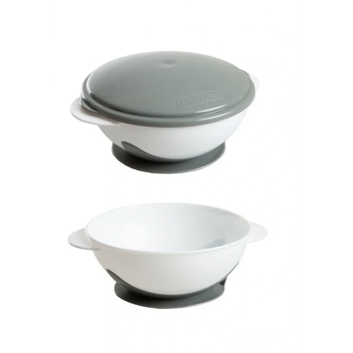 Babyjem Vakumlu Sabitlenebilir Kapaklı Mama Beslenme Tabağı Gri (BPA İçermez)