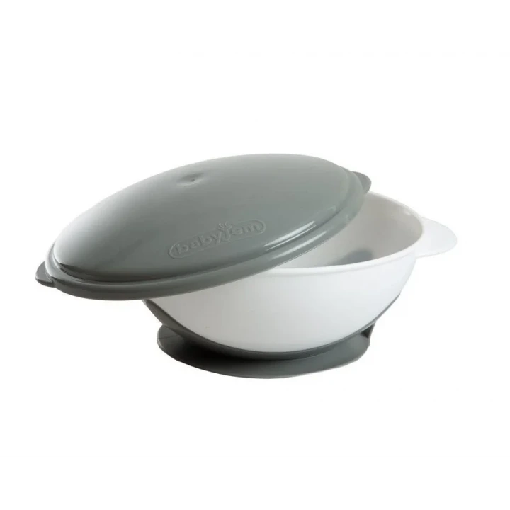 Babyjem Vakumlu Sabitlenebilir Kapaklı Mama Beslenme Tabağı Gri (BPA İçermez)