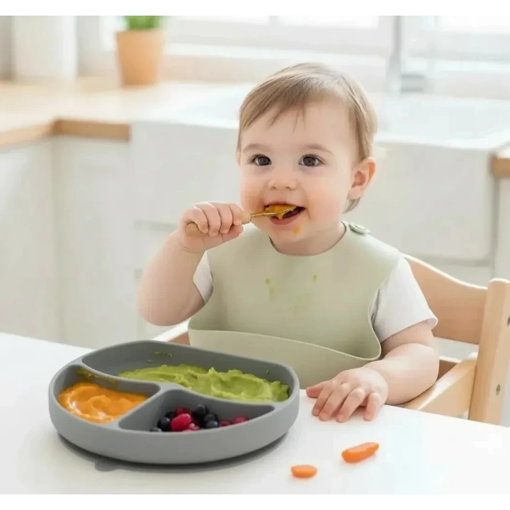 Babyjem Vakum Tabanlı Sabitlenebilir Silikon Tabak Gri