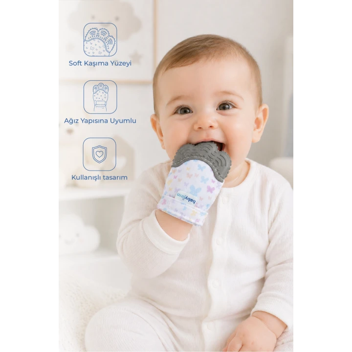 Babyjem Bebek Diş Kaşıyıcı Eldiveni Kelebek Gri