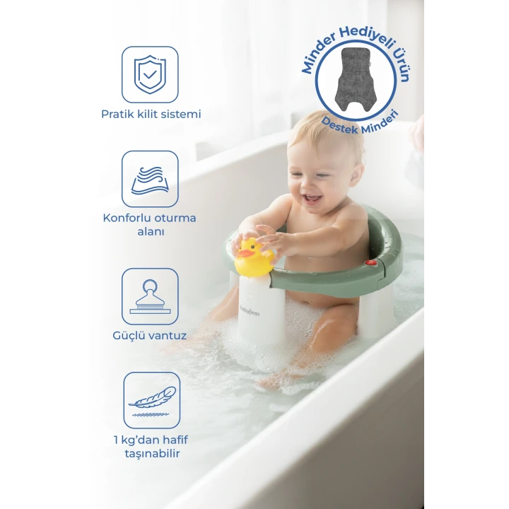 Babyjem Önden Açılır Banyo ve Mama Oturağı ve Hediye Minderli - 2  Li Set Soft Yeşil
