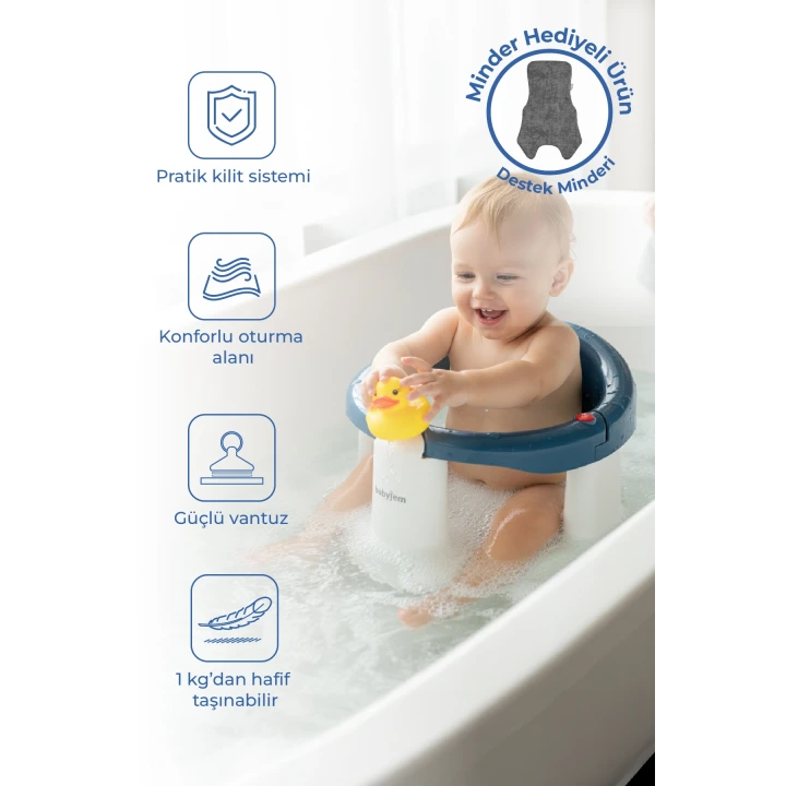 Babyjem Önden Açılır Banyo ve Mama Oturağı ve Hediye Minderli - 2  Li Set İndigo Mavi