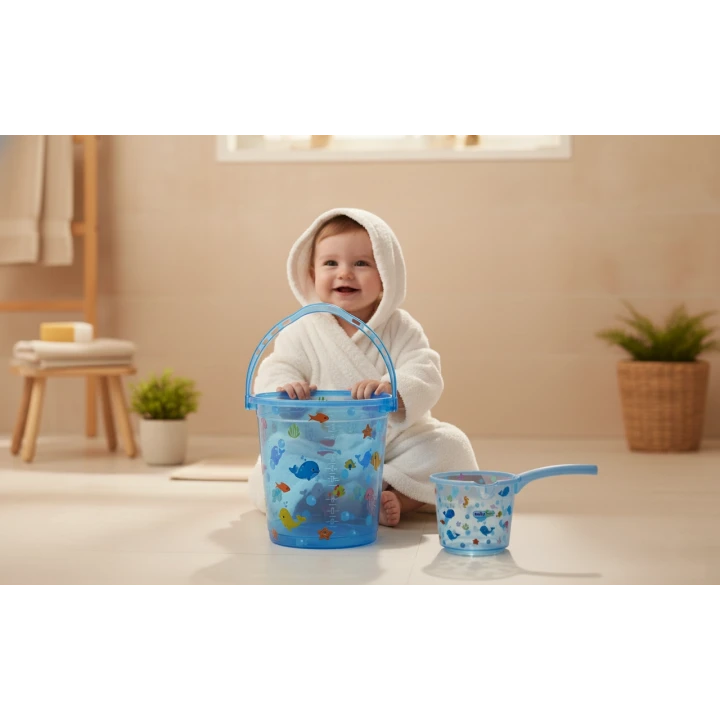 Babyjem Şeffaf Kova & Maşrapa Set Mavi Desenli