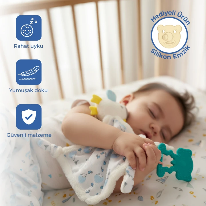 Babyjem 926 Birdy Diş Kaşıyıcılı + Silikon Emzik Hediyeli Uyku Arkadaşım Mavi 