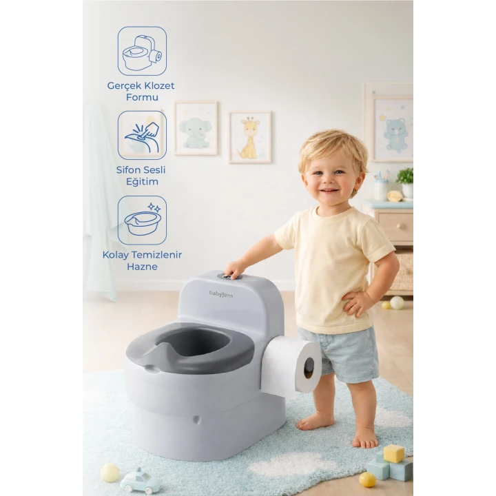 Babyjem Bebeğimin İlk Tuvaleti Sifon Sesli Lazımlık Oturak Soft Gri