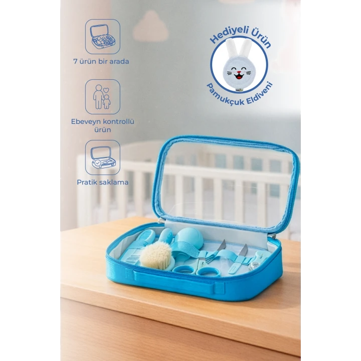 Babyjem Bebek Bakım Bakım Seti Mavi 7 Parça + Pamukçuk Eldiveni Mavi Hediyeli