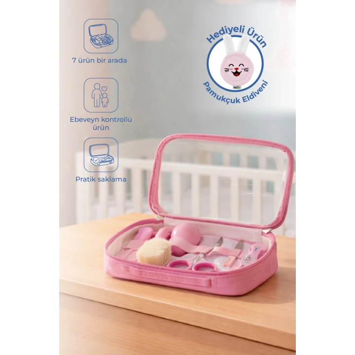 Babyjem Bebek Bakım Bakım Seti Mavi 7 Parça Pembe + Pamukçuk Eldiveni Pembe Hediyeli
