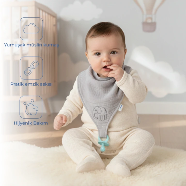 Babyjem Emzik Askılı Müslin Önlük Gri