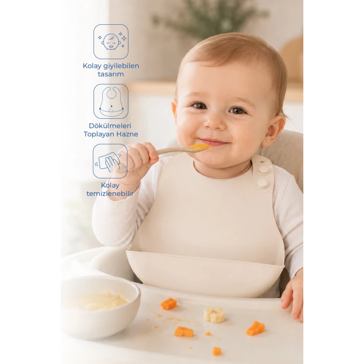 Babyjem Mini Silikon Mama Önlüğü Ekru