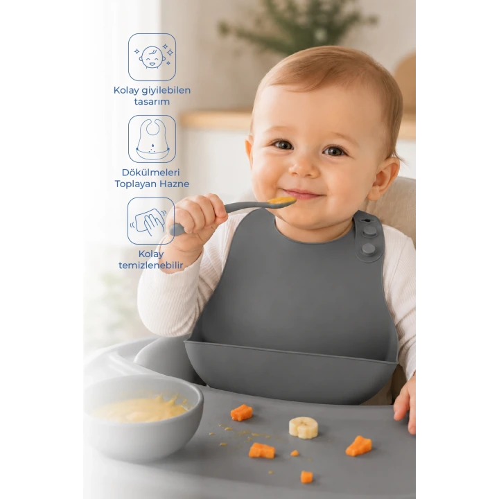 Babyjem Mini Silikon Mama Önlüğü Gri