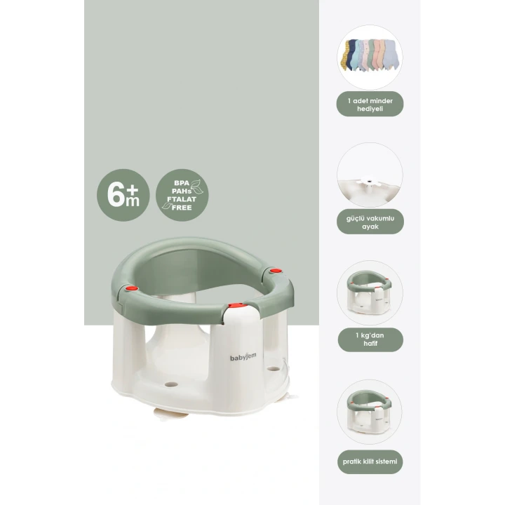 Babyjem Önden Açılır Banyo ve Mama Oturağı ve Hediye Minderli - 2  Li Set Soft Yeşil