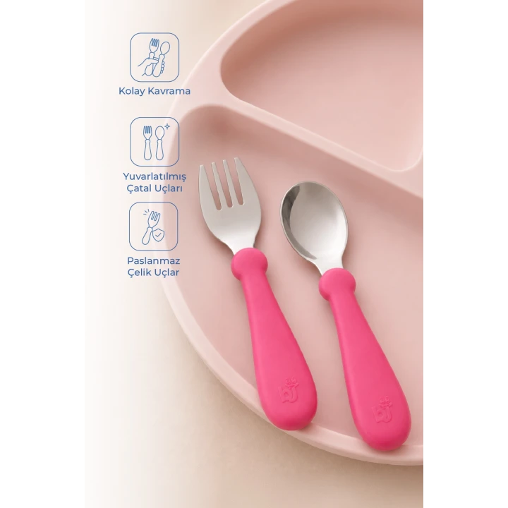 Babyjem Paslanmaz Çelik Bebek Çatal Kaşık Seti - Pembe