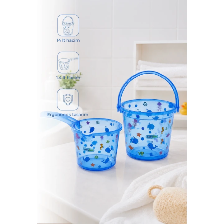 Babyjem Şeffaf Kova & Maşrapa Set Mavi Desenli