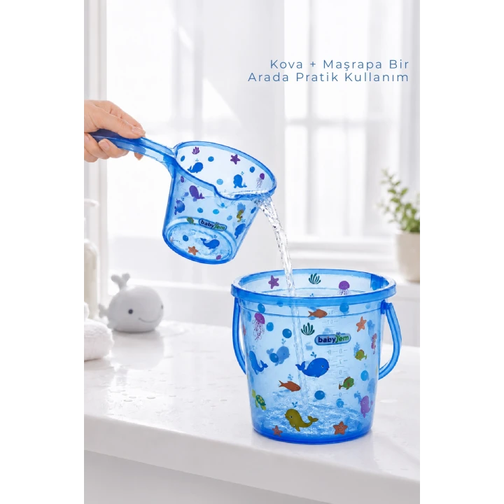 Babyjem Şeffaf Kova & Maşrapa Set Mavi Desenli