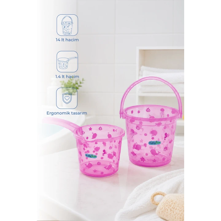 Babyjem Şeffaf Kova & Maşrapa Set Pembe Desenli
