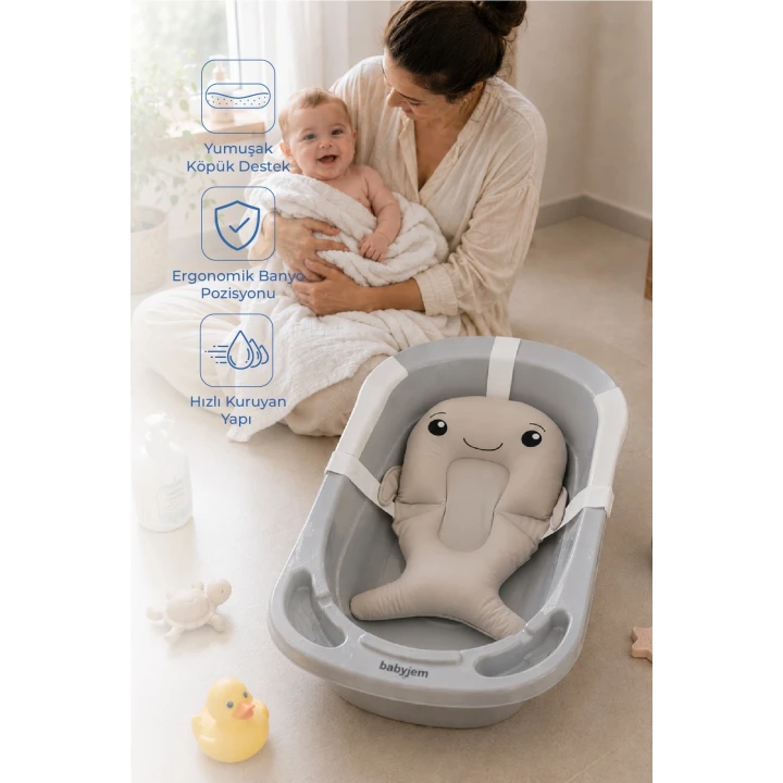 Babyjem Sevimli Balina Köpüklü Banyo Küveti Yatağı Gri (Straforlu - Suda Batmaz)
