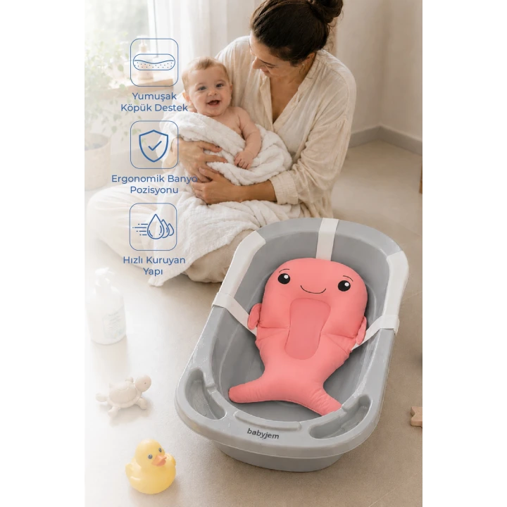 Babyjem Sevimli Balina Köpüklü Banyo Küveti Yatağı Pembe (Straforlu - Suda Batmaz)