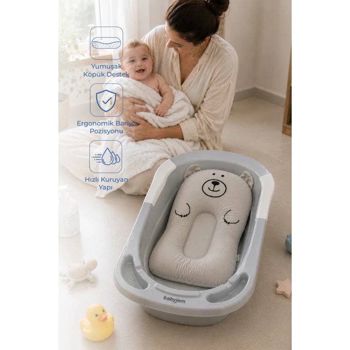 Babyjem Sevimli Kedi Köpüklü Bebek Banyo Küvet Yatağı Gri (Straforlu - Suda Batmaz)