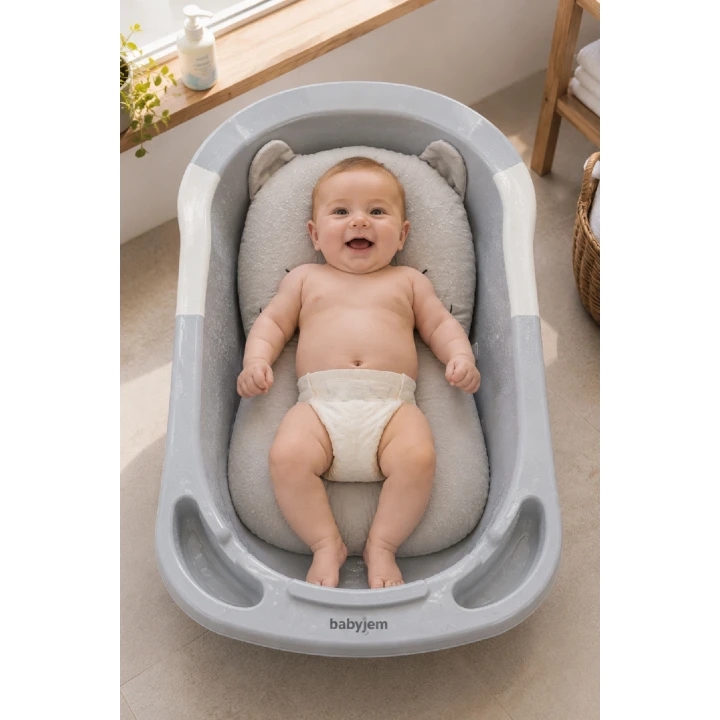 Babyjem Sevimli Kedi Köpüklü Bebek Banyo Küvet Yatağı Gri (Straforlu - Suda Batmaz)