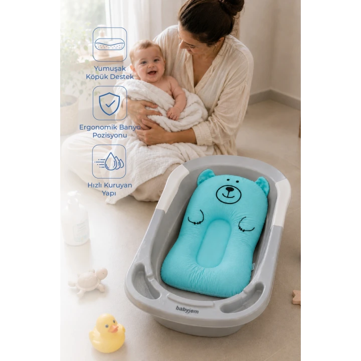 Babyjem Sevimli Kedi Köpüklü Bebek Banyo Küvet Yatağı Mavi (Straforlu - Suda Batmaz)