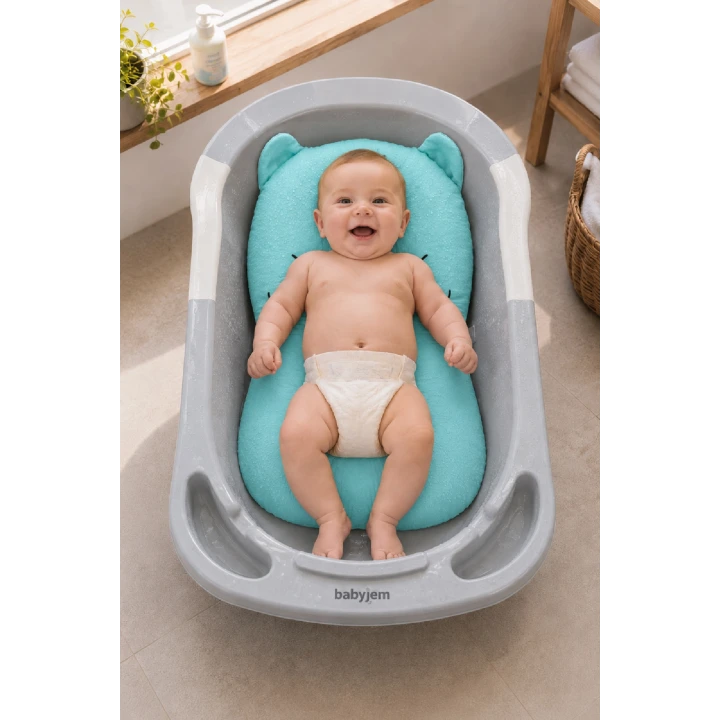 Babyjem Sevimli Kedi Köpüklü Bebek Banyo Küvet Yatağı Mavi (Straforlu - Suda Batmaz)