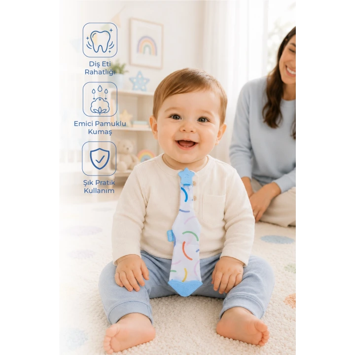 Babyjem Silikon Diş Kaşıyıcı Fular & Kravat Gülen Yüz Mavi