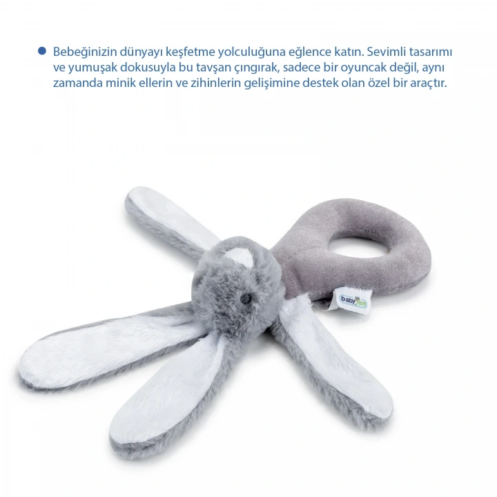 Babyjem Tutmalı Çıngıraklı Mini Peluş Tavşan Gri 842
