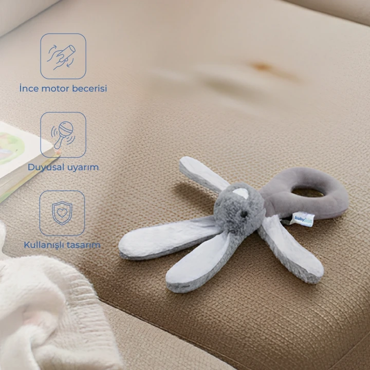 Babyjem Tutmalı Çıngıraklı Mini Peluş Tavşan Gri 842