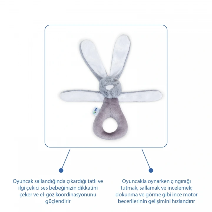 Babyjem Tutmalı Çıngıraklı Mini Peluş Tavşan Gri 842