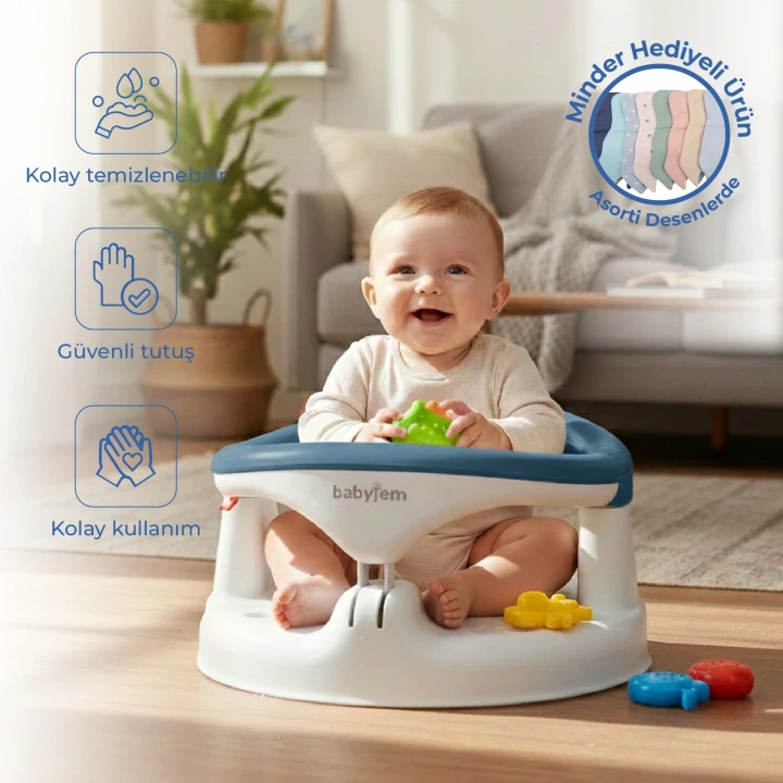 Babyjem Yandan Açılır Banyo ve Mama Oturağı & Minder 2li Set İndigo Mavi