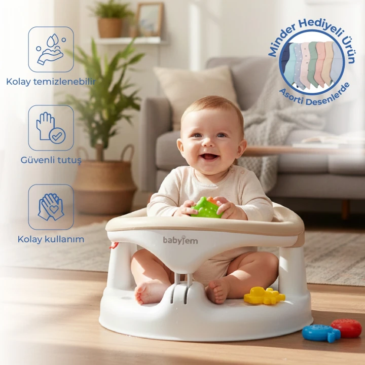 Babyjem Yandan Açılır Banyo ve Mama Oturağı & Minder 2li Set Taş