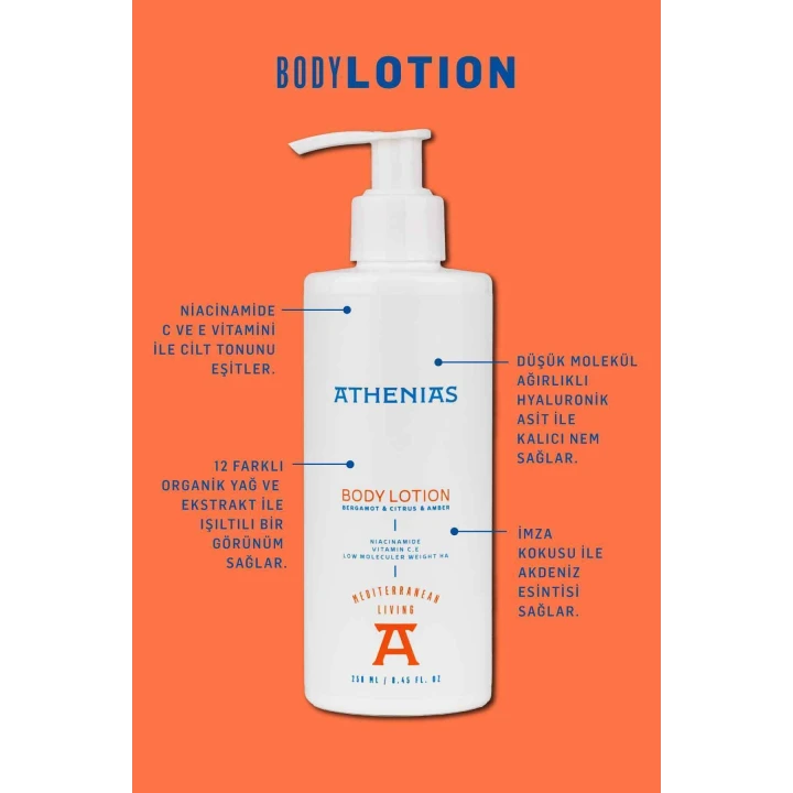Athenias Niacinamide, E Ve C Vitamini İçeren Vücut Losyonu 250 ml Uzun Süre Nem Cilt Tonu Eşitleyici