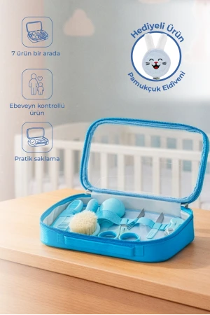 Babyjem Bebek Bakım Bakım Seti Mavi 7 Parça + Pamukçuk Eldiveni Mavi Hediyeli