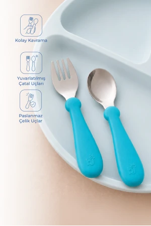 Babyjem Paslanmaz Çelik Bebek Çatal Kaşık Seti - Turkuaz