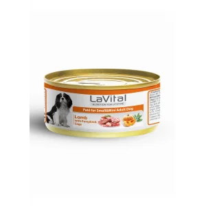 Lavital Kuzu Etli, Balkabaklı ve Adaçaylı Mini Irk Yetişkin Köpek Konservesi 85GR