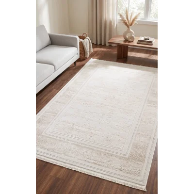 Evole 220C Modern Dokulu Çerçeveli Krem Halı