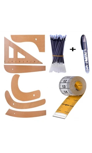 Ahşap Cetvel Riga Gönye Takımı 6 Parça + Ütü ile Uçan Kalem + Mezro Dikişe Hazırlık Seti