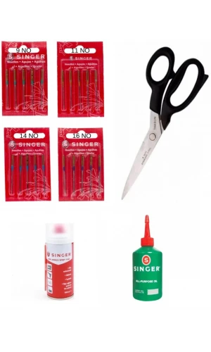 Dikişe Hazırlık Seti Singer Ev Tipi Makinelere Uygun Dikiş Makinesi İğne Seti (9, 11, 14 ve 16 No) + Singer Yağ + Çok Amaçlı Sprey + Makas