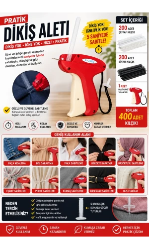 Pratik Dikiş Kılçık Aleti 5 mm Kılçık Tabancası 200 Şeffaf 200 Siyah Kılçık Set