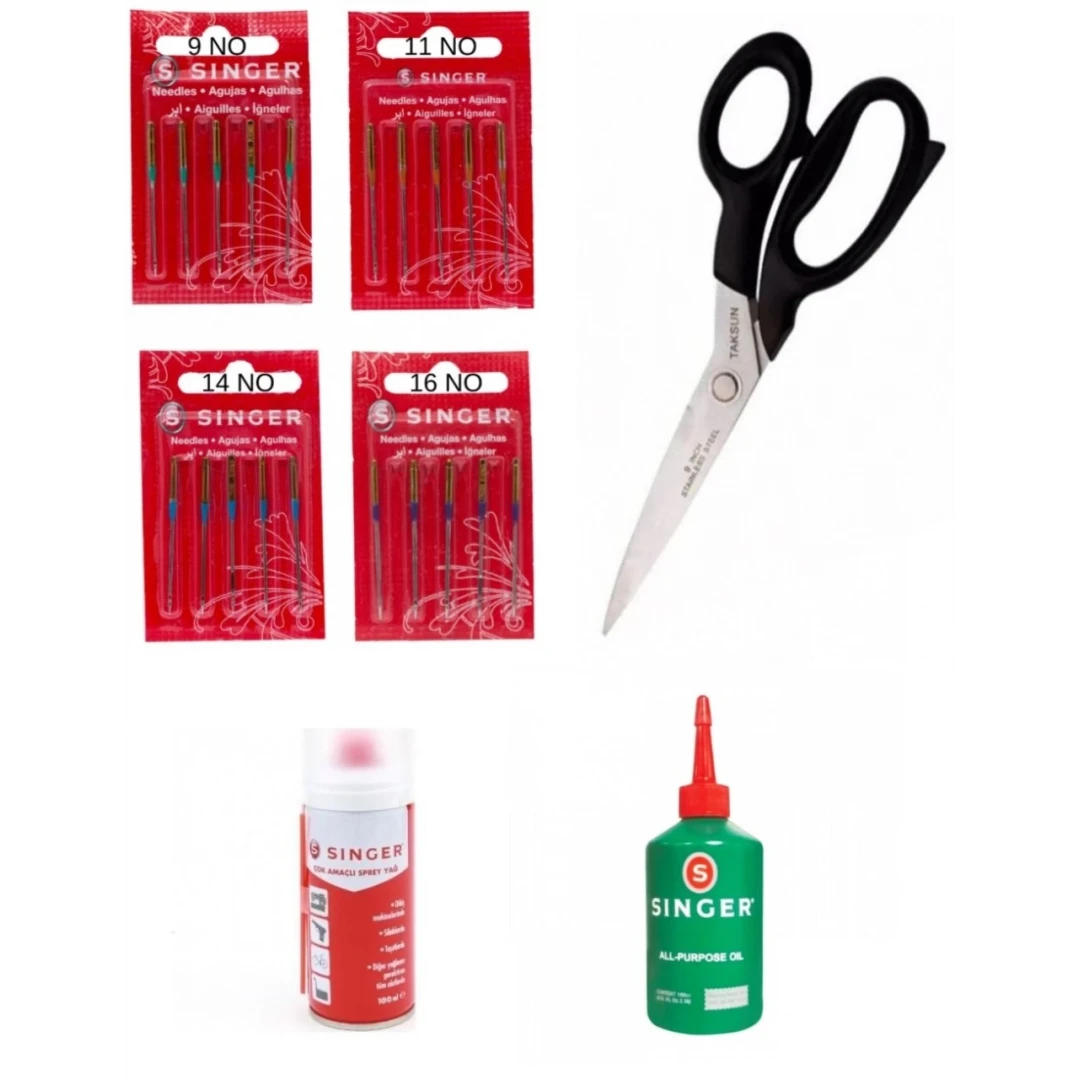 Dikişe Hazırlık Seti Singer Ev Tipi Makinelere Uygun Dikiş Makinesi İğne Seti (9, 11, 14 ve 16 No) + Singer Yağ + Çok Amaçlı Sprey + Makas